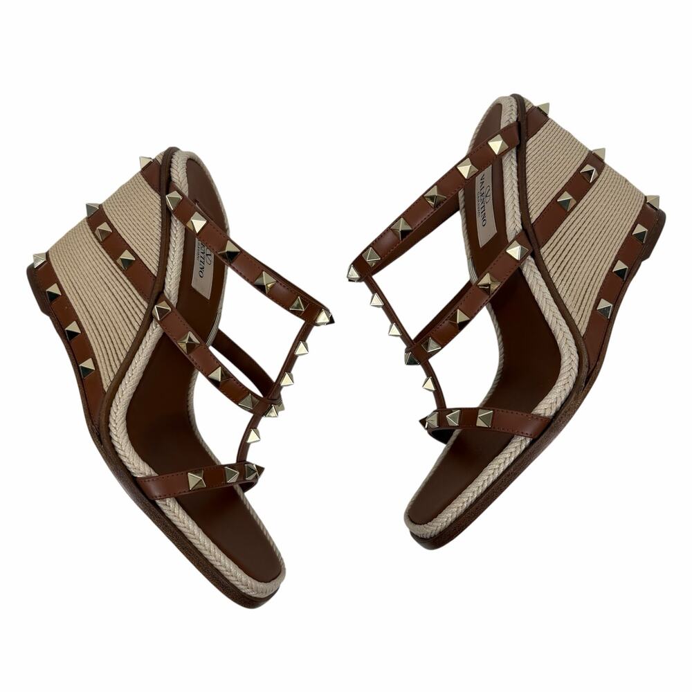 Valentino Garavani Rockstud 100 Espadrille Wedge Sandal Tan Size 37 - Picture 6 of 11